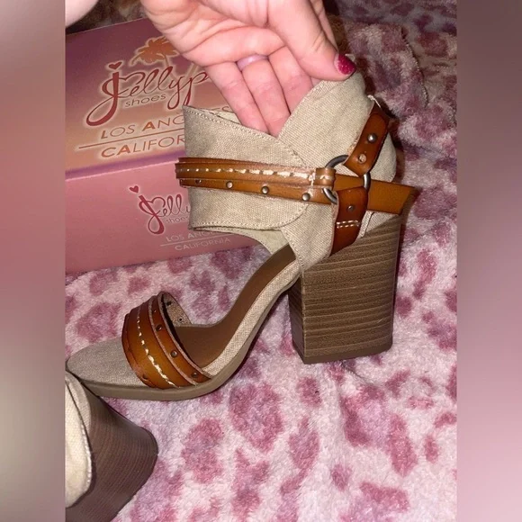 Jellypop Jelly Pop Open Toe Block Heel Sandal leather canvas shannen NEW - Picture 8 of 16